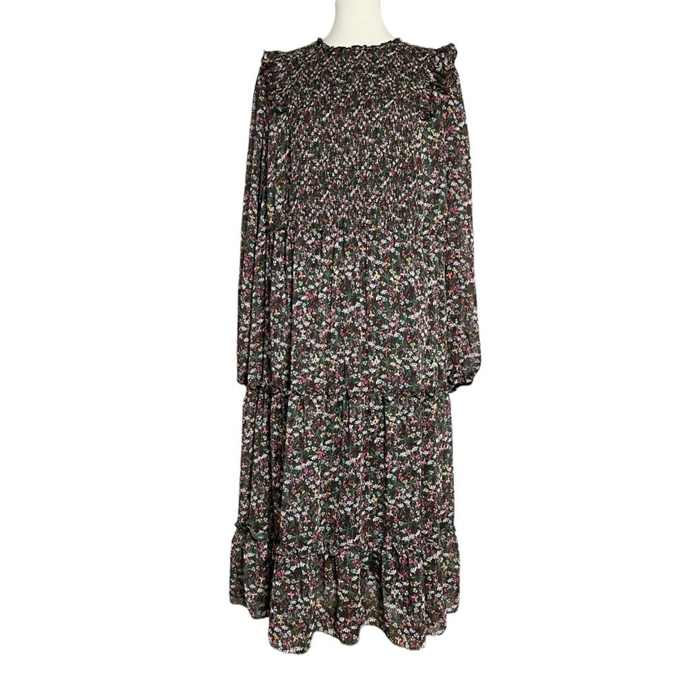 Draper James RSVP Green Floral Long Sleeve MAxi Dress with Ruffle Hem & Smocking